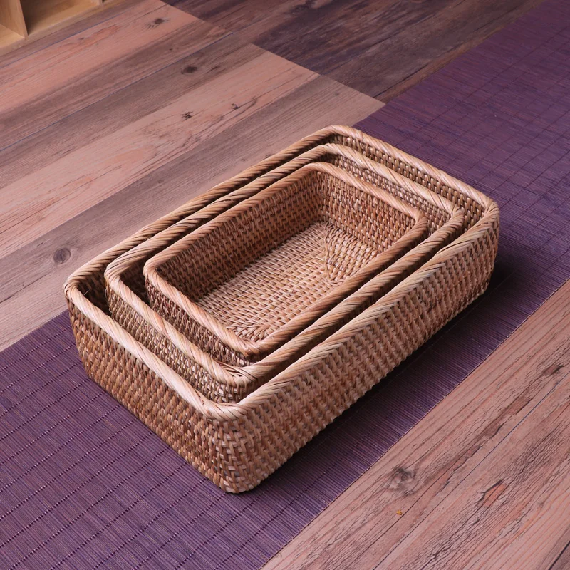 Handmade Rattan Storage Baskets Rectangular Without Cover Fruit Baskets Desktop Sundries Snacks Storage Box Home Decoration