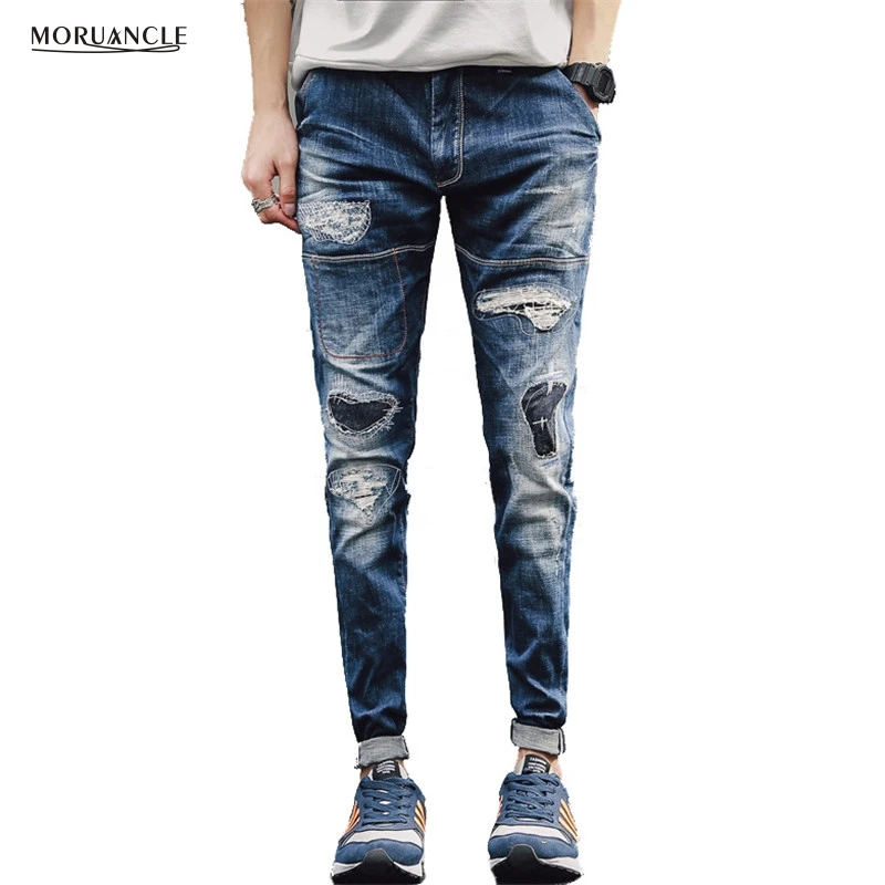 MORUANCLE New Fashion Men s Ripped Jeans pants Slim Fit Distressed Patched Denim Joggers For Male