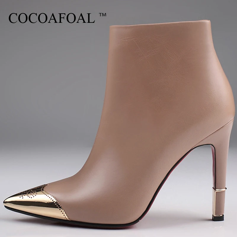 

COCOAFOAL Woman Pointed Toe Winter Chelsea Boots Fashion Sexy High Heel Shoes Big Size Black Apricot Genuine Leather Ankle Boots