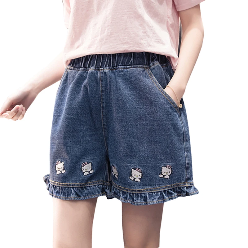 Harajuku Модные женские джинсовые шорты с высокой талией милые джинсовые шорты с вышивкой из мультфильма для студентов милые шорты для девочек с принтом «hello kitty»