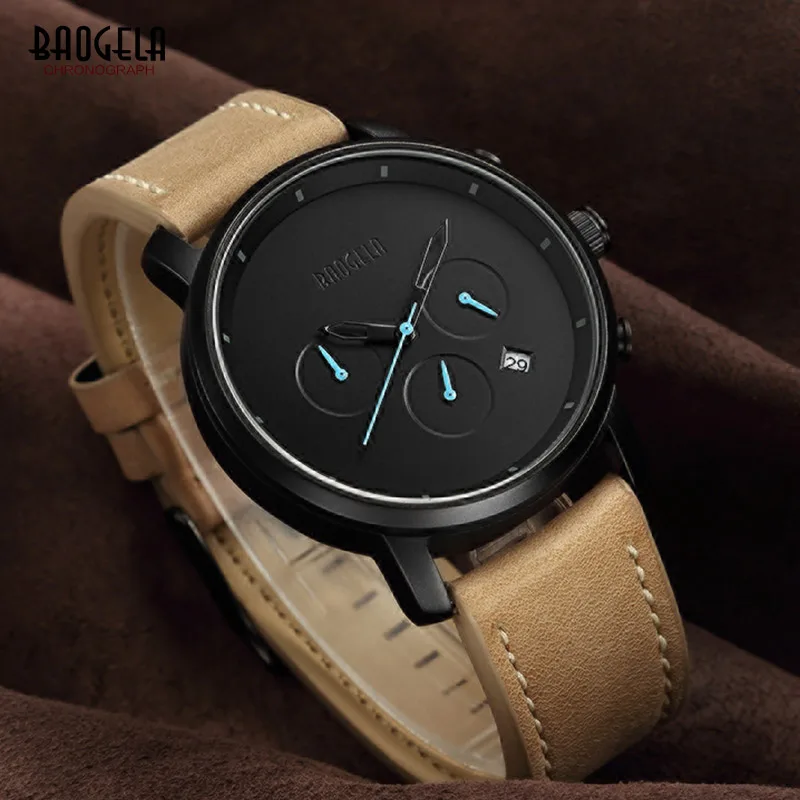 BAOGELA Мужские Простые аналоговые кварцевые часы минимализм модные повседневные наручные часы с кожаным ремешком и хронографом для мужчин 1705 коричневый