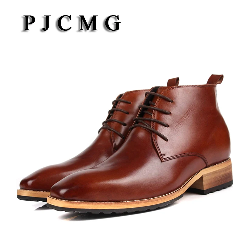 Men's High Genuine Leather Elevator 8 CM Brogue Wedding Office Ankle Boots Lace-Up Male Footwear safety shoes men shoes