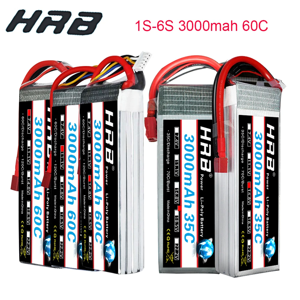 

HRB RC Lipo Battery 1S 2S 3S 4S 5S 6S 3000mah 60C Brust Rate 120C lipo For 450 500x 550E 600 FPV RC Drone