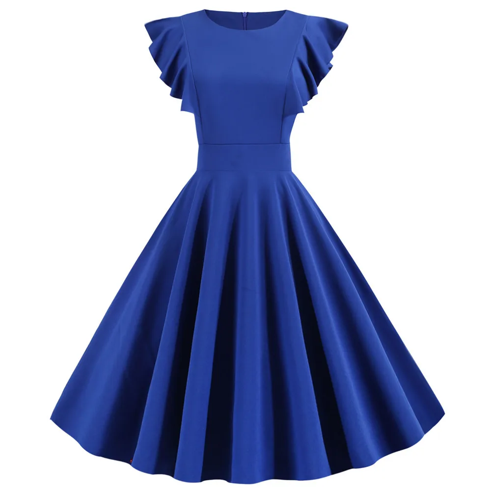 Синие летние платья для женщин с рукавом-лепестком и О-образным вырезом, однотонное винтажное офисное платье миди в стиле рокабилли, свободное повседневное белое платье - Цвет: JY14135blue