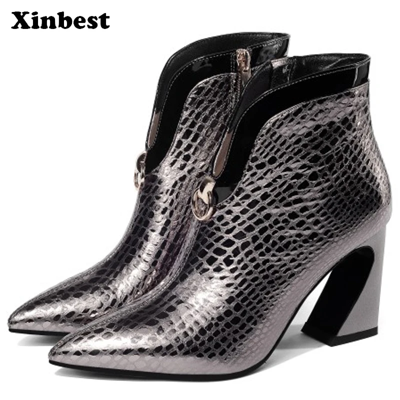 

Xinbest Women Boots Genuine Leather Womens Winter Boots Casual Fashion Ankle Boots For Women Pointed Toe Women High Heel Shoes