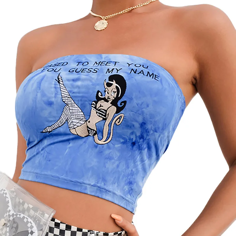 

Strapless Tube Top Women Blue Letter Pattern Print Sleeveless Summer Crop Tops Female Off Shoulder Elastic Streetwear Club Party