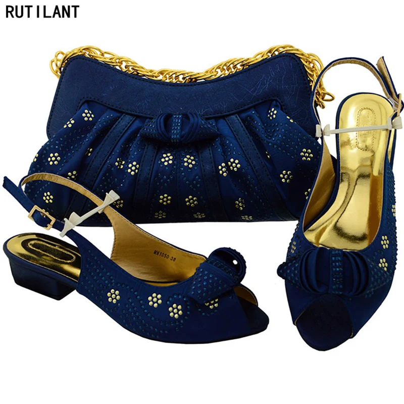 D Blue Nigerian Party Shoe and Bag Sets Decorated with Rhinestone Nigerian Wedding Shoes and Bag