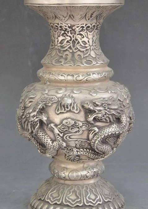 

10" Mark China Silver Carved Dragon Play Bead statue Zun Cup Bottle Pot Vase Jar