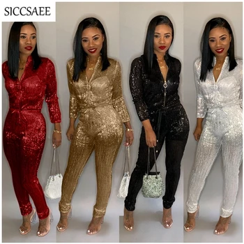 

Glitter Bandage Jumpsuits For Women Pinup Turtleneck Bodycon Bodysuit Sparkly Sexy One Piece Outfits Pants Plus Size Clothing