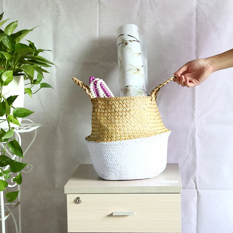 

WHISM Seagrass Wickerwork Baskets Straw Folding Flower Pot Hanging Garden Planter Woven Laundry Hamper Handmade Storage Basket
