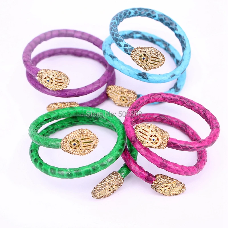 

5PCS Zyunz Women Snakeskin Leather Bracelet Wrap Bracelets Micro Pave CZ Hamsa Hand Charm Bangles Jewelry