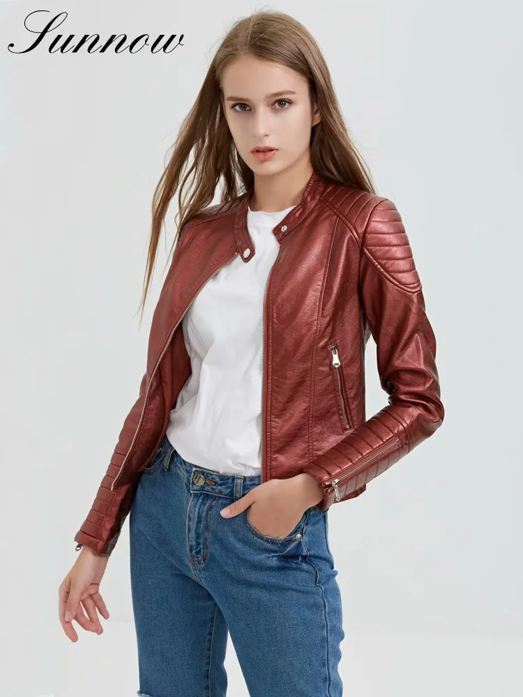 

SUNNOW 2019 Leather Jacket for Women Fashion Elegant Zipper Faux PU Biker Black Slim Coat Ladies Casual Motorcycle Jackets