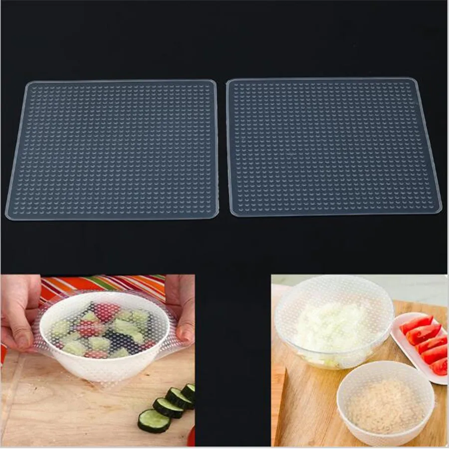 

Multifunctional kitchen clear reusable silicone food fresh saran wrap seal cover stretch for food storage container vacuum lid