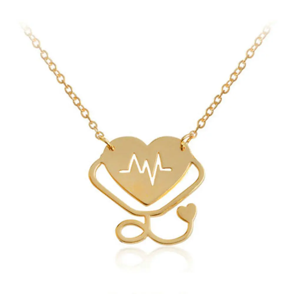 Gold Doctor Hollow Heartbeat Stethoscope Cardiogram Pendant Chain