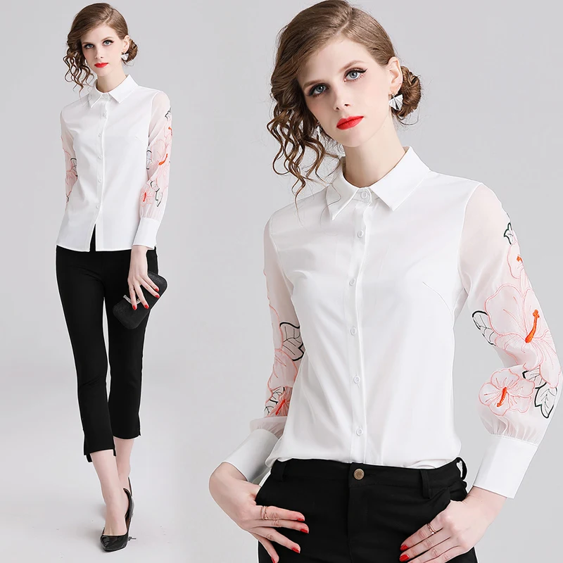 

2019 summer korean elegant embroidery White flower black leopard print blouse women animal shirts plus size ladies tops