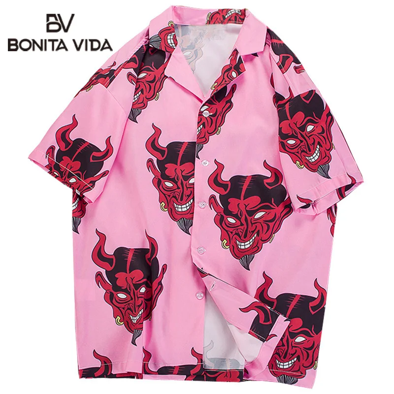 

Bonita Vida Devil Printed Hip Hop Shirts Men 2019 Summer Harajuku Japanese Ukiyo E Short Sleeve Hawaiian Shirts Streetwear