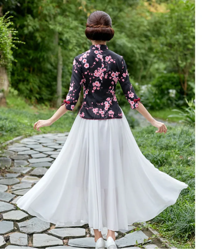 SHENG COCO S-4XL Plus Size Black Flowers Qipao Blouse Satin Traditional Chinese Style Cheongsam Shirts Plum Printing Qipao Top