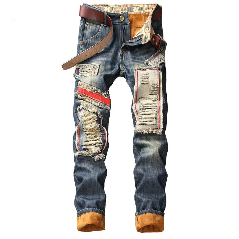 Winter Warm Men Jeans Pants Male Hip Hop Fleece Lined Destroyed Ripped Jeans Denim Distressed Biker Jeans Mens Streetwear