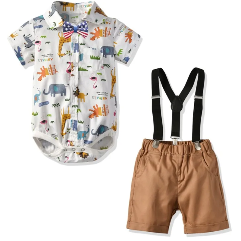 

High Quality Boy Summer Cotton Print Robes Triangle Gentleman Four-piece Cartoon Print Casual Short-sleeved Suit