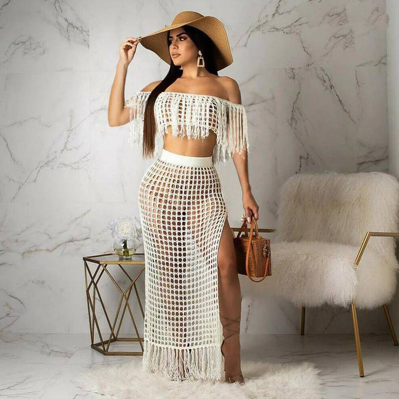 Two Piece Sets Beach Wear Cover-Ups Women Crochet Hollow Out Tassel Off Shoulder Crop Tops and Skirt Sets Slit Beach Maxi Skirts - Цвет: Белый