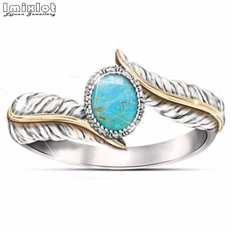 

Imixlot New Fashion Vintage Blue Stone Wedding Bands Ring For Women Female Originality Feather Party Gift