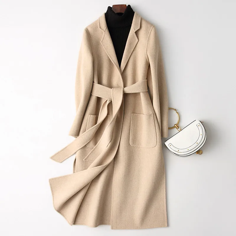Женское шерстяное пальто, Осень-зима, повседневное, регулируемый пояс на талии, длинный рукав, женское двухстороннее шерстяное пальто, длинное пальто, верхняя одежда R819 - Цвет: Beige camel