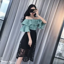 Summer 2017 Women Elegant Clothing Sets Ruffle Off Shoulder Top Blouse + Black Lace Skirt Work Dress Set Ladies Dresses