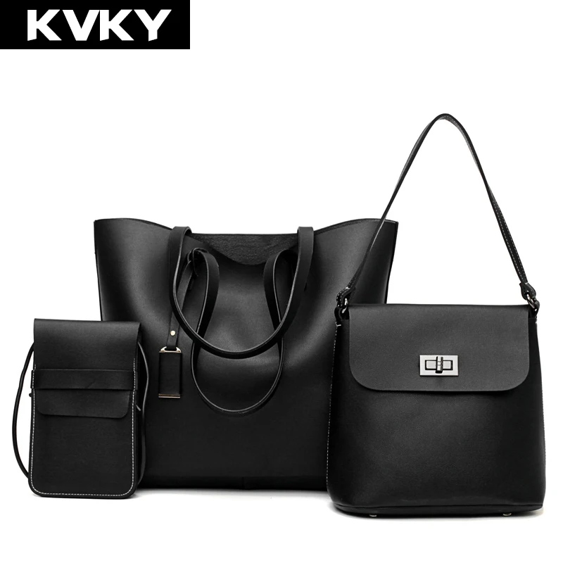 KVKY Brand 3 Pcs Women Handbags Solid Soft Leather Composite Bags Large