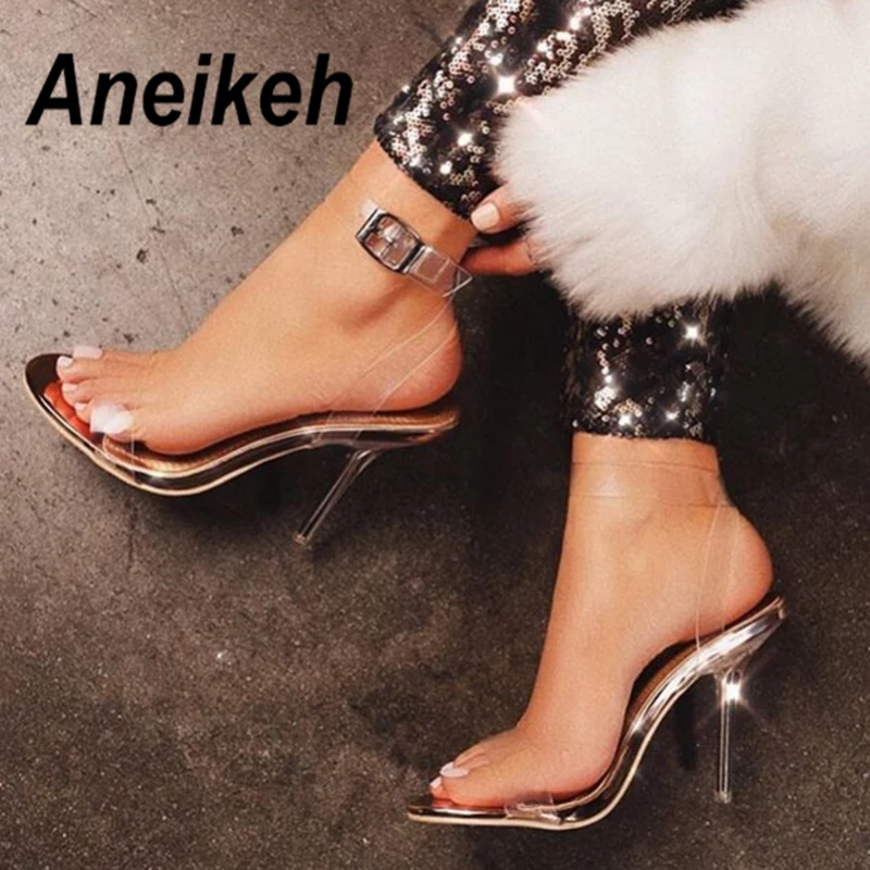 

Aneikeh 2019 Summer Transparent Ladies Sandals Crystal Gladiator Buckle Strap With Party Sexy Open Toe High Heel Shallow Sandals