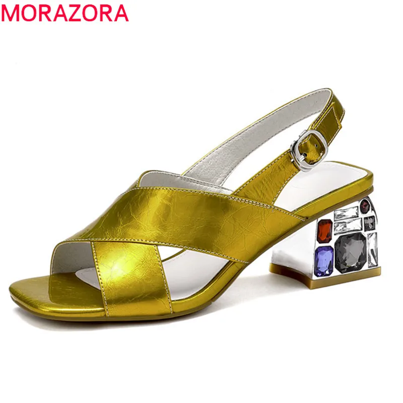 MORAZORA; Новое поступление года; женские босоножки; обувь из натуральной кожи; однотонные туфли на квадратном каблуке со стразами; элегантные женские модельные туфли