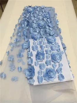 

3D Flower African Beads Lace Fabrics 5 Yards White Nigerian French Lace Fabric, 2017 High Quality Beaded Tulle Fabrics Wedding