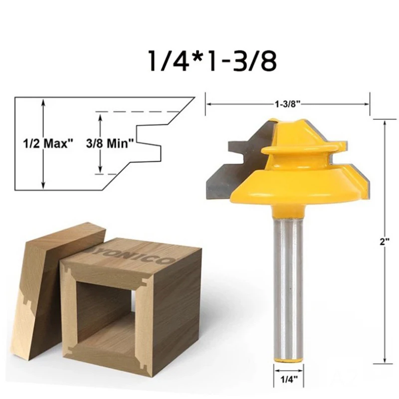 

1PC 1/2 Inch Shank Milling Cutter 1/4*1-3/8 Small Lock Miter Router Bit Anti-kickback 45 Degree For Woodworking Tools Wood Knife