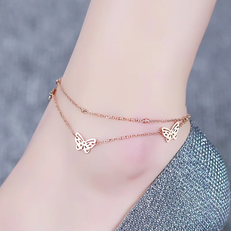 Buy Rose gold color hollow butterfly anklet double