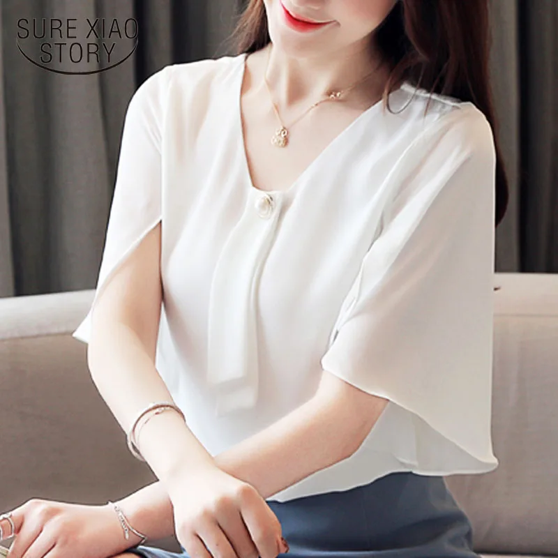 

Fashion Women Tops And Blouses 2021 Ladies Tops Chiffon Blouse Shirts Shirts White Shirts Short Sleeve Blouse Beading 3978 50
