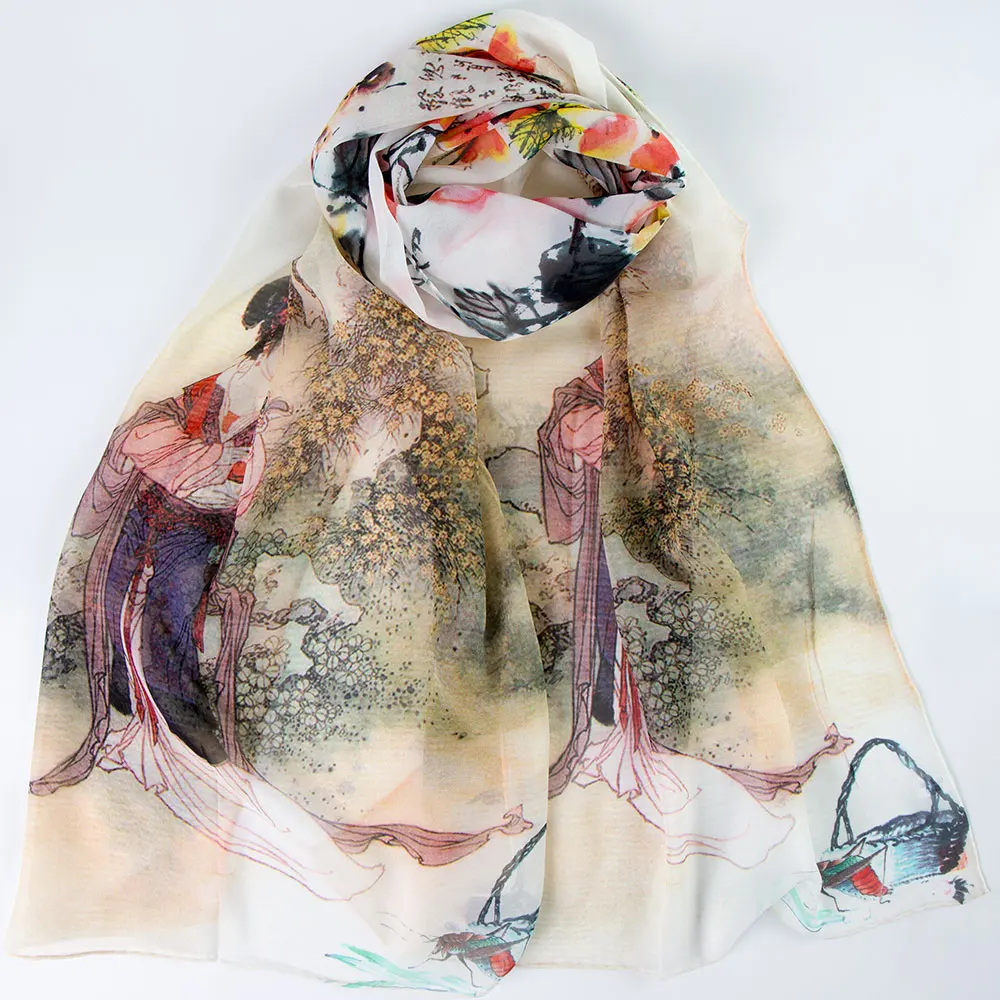 

100% Silk Scarf Women Scarf Ancient Beauty Silk Shawl 2019 Designer Scarf Female Silk Pashmina Thin Silk Wrap Luxury Lady Gift