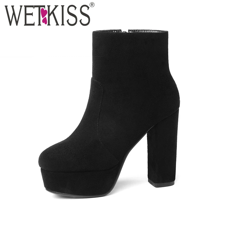 Acheter BAISER Mouillé Épais Haute talons Chaussons femme 2018 Troupeau Plate forme Des Femmes Bottines Zip Femmes Chaussures femmes De Chaussures D hiver Plus La taille 43