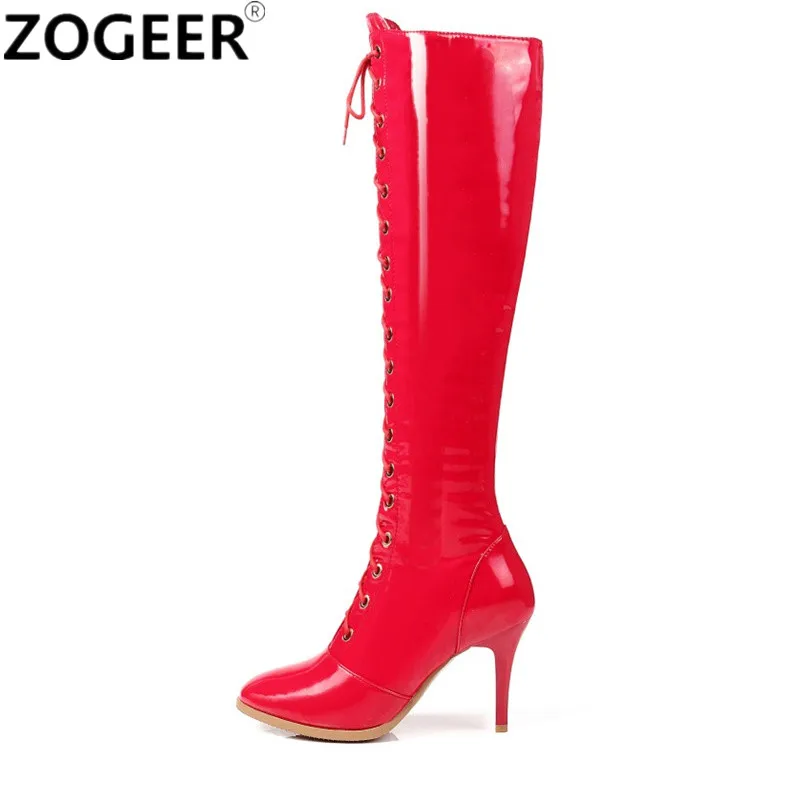

Plus Size 48 New 2018 Women Thigh High Boots Fashion Patent Leather Lace-up Boots Sexy Nightclub Dance Red Black Ladies Shoes