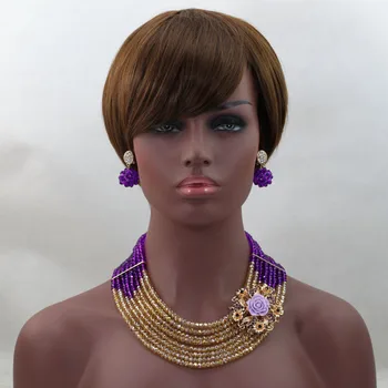 

Costume African Jewelry Set Purple/Gold Nigerian Wedding Party Crystal Beads Necklace Earrings Bracelet Set Free Ship ALJ543