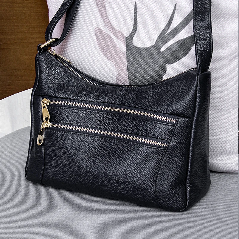 

MEIGARDASS 100% Genuine Leather Women Shoulder Bag Simple Multi Zipper Layer Sandwich Messenger Bag Female Cowhide Zipper Bags