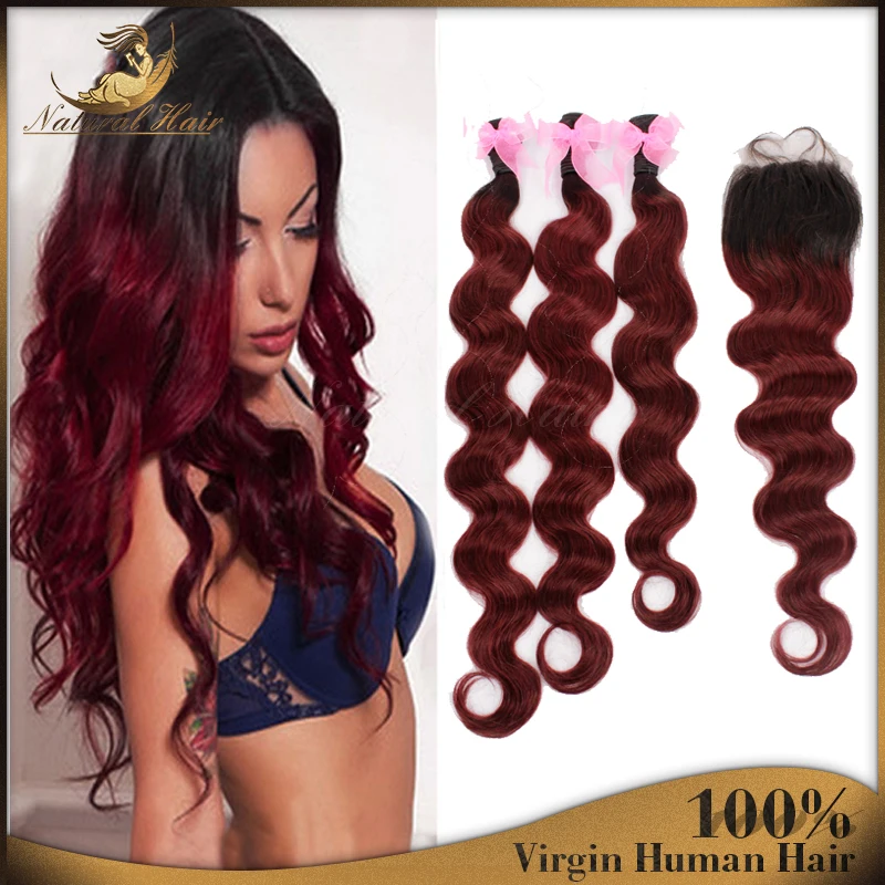 

Malaysian Body wave with closure Burgundy ombre malaysia hair bundles 1b99j rosa hair products,hair bundles with lace closures