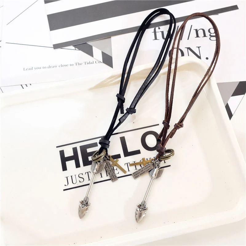 NIUYITID Arrow Feather Pendant Necklace Ancient Silver Color Men Genuine Leather Jewellery Long Rope Asjustable 40-80cm  (6)
