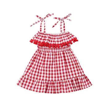 

1-5Years Toddler Baby Kid Girls Dress Summer Sleeveless Pom Pom Beach Casual Dress Red Plaid Baby Costumes
