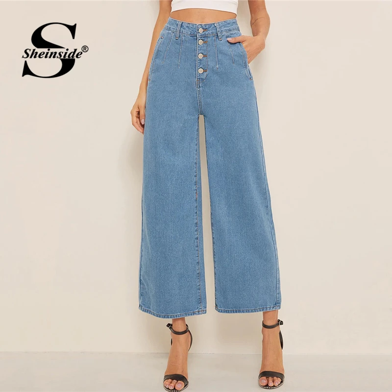 

Sheinside Casual Blue Button Up High Waist Wide Leg Jeans Women 2019 Summer Crop Trousers Ladies Slant Pocket Denim Pants