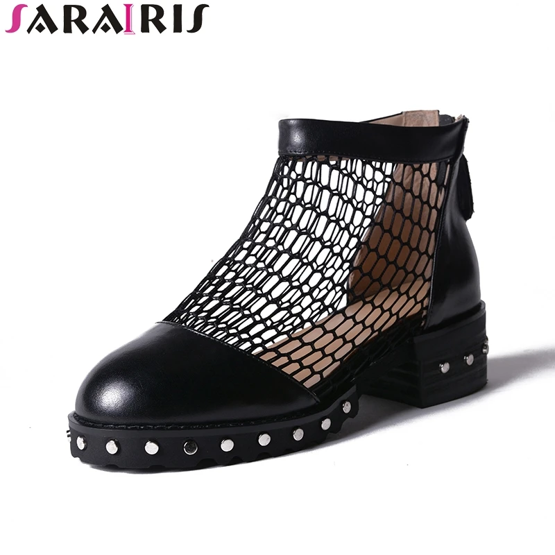 

SARAIRIS 2019 Brand Big Size 34-42 Black Genuine Leather Women Sandals Punk Rivet Platform Shoes Woman Med Heels Mesh Shoes