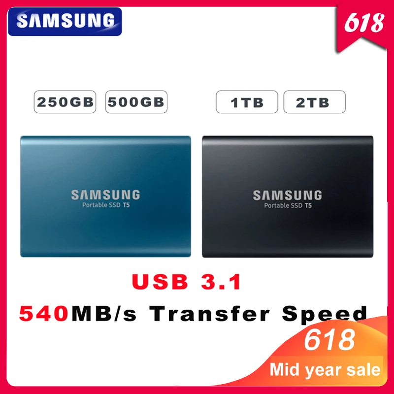 samsung T5 портативный SSD 250 ГБ 500 1 ТБ 2 ТБ USB3.1 Внешние накопители USB 3,1 Gen2 и обратная совместимость с USB для ПК