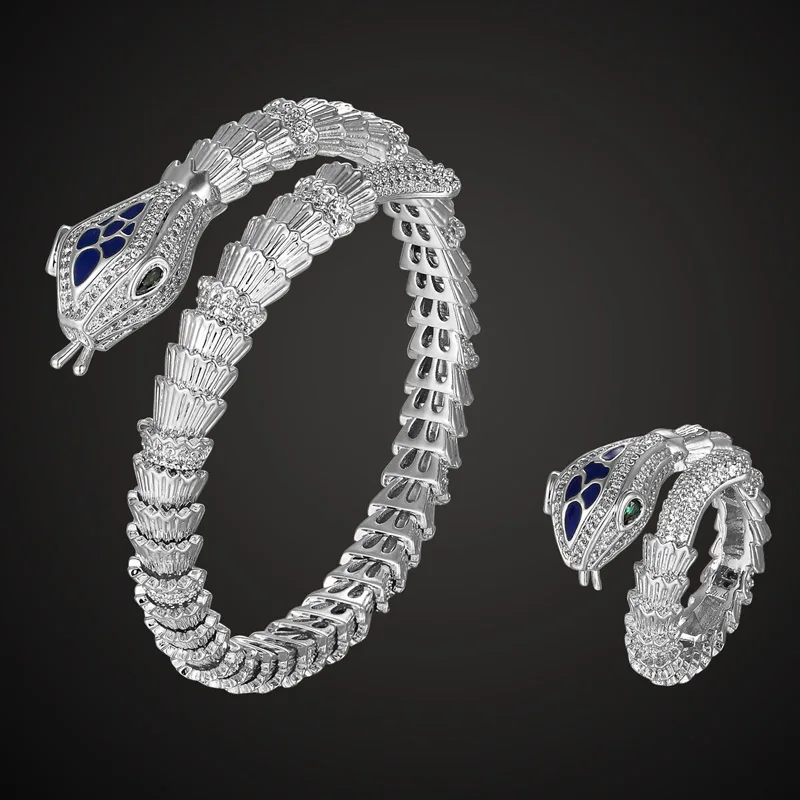 Zlxgirl Brand Blue enamel Snake Animal full micro pave setting zircon love's bangle with ring set classic bracelet accessory - Окраска металла: silver ring  9