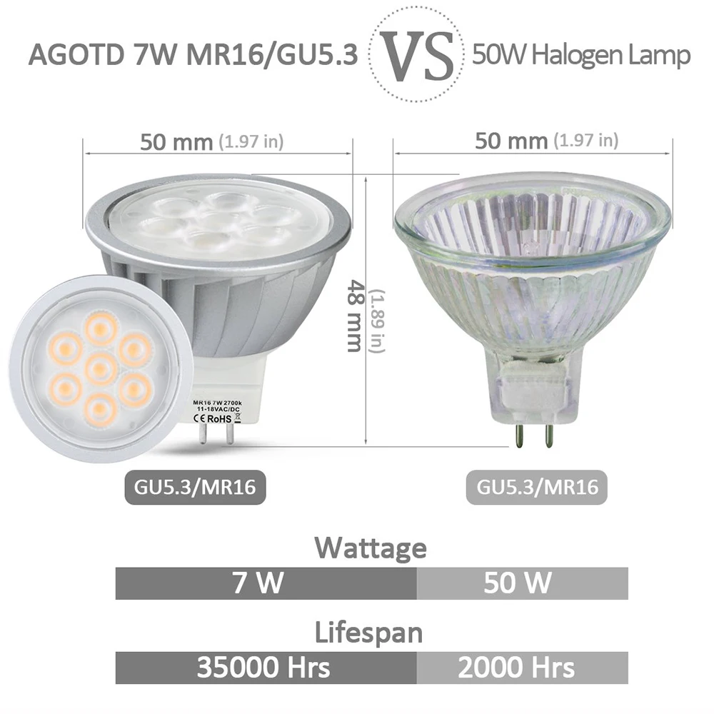 Светодиодный свет лампы GU5.3 светодиодные лампы 7 Вт MR16 пятно света 12 V теплый белый свет, 50 Вт галогенный эквивалент без мерцания Алюминий 560LM 38 ° 2700 K 6 шт. в упаковке