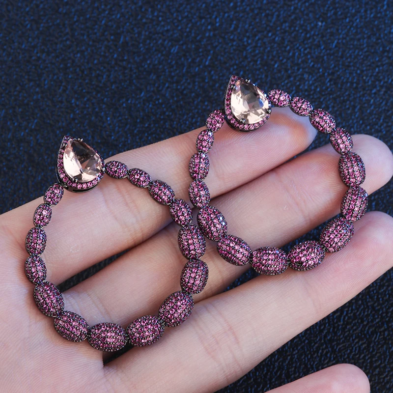 Goedkoop 2019 Nieuwe Trendy Koper Kleurrijke AAA Zirconia Ronde Geometrische Trendy Dangle Oorbellen Vrouwen Oorbellen Gratis Drop Verzending