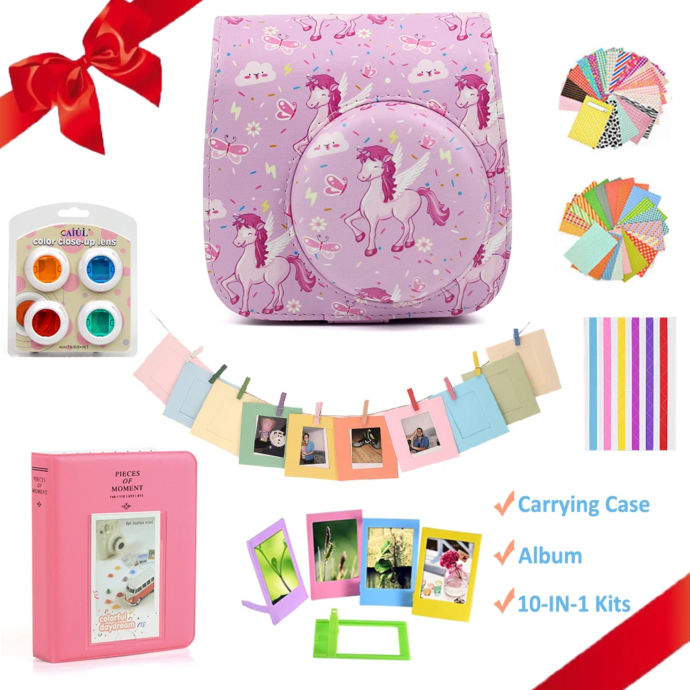 

For Fujifilm Instax Mini 9 Mini 8 Instant Camera Pink Unicorn Horse PU Leather Carrying Shouder Case Bag + Album + 10-in-1 Kit