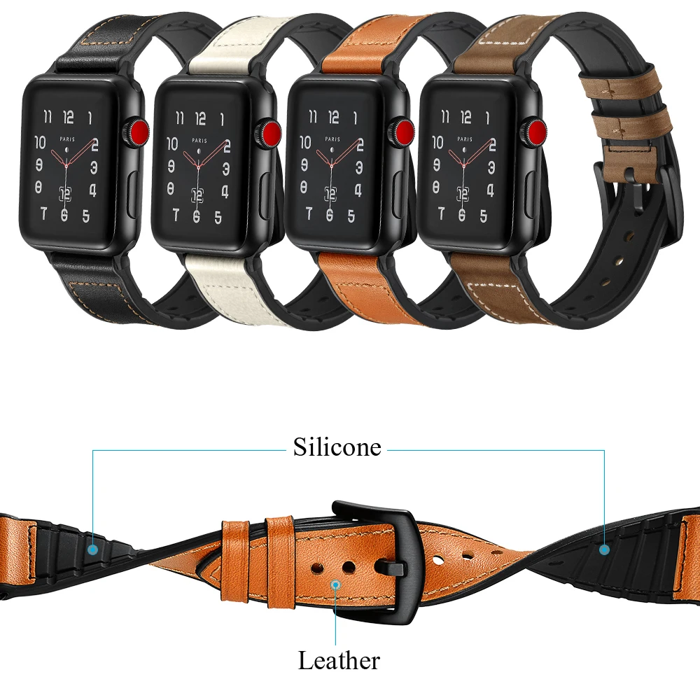 Кожаный + Силиконовый ремешок для apple watch 4 5 44 мм 40 iwatch 3 38 часов браслет аксессуары